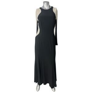 XSCAPE Black Beaded Illusion Long Sleeve Bodycon Dress Size 14 Event Prom